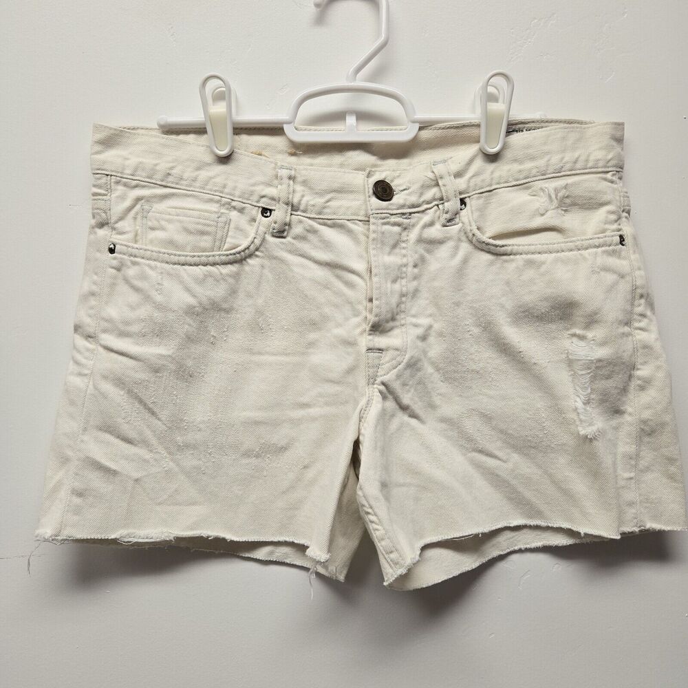 AllSaints Jean Denim Shorts Womens sz 27 Cream Distressed Raw Hem 4" Inseam EUC